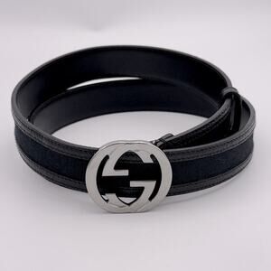 New Gucci GG Canvas Leather Belt Interlocking G Black Size 95/38 Unisex 1.2”